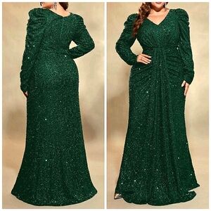 NEW Luxe Sequin Puffed Long Sleeve Draped Front Maxi Gown Dress PLUS Dark Green